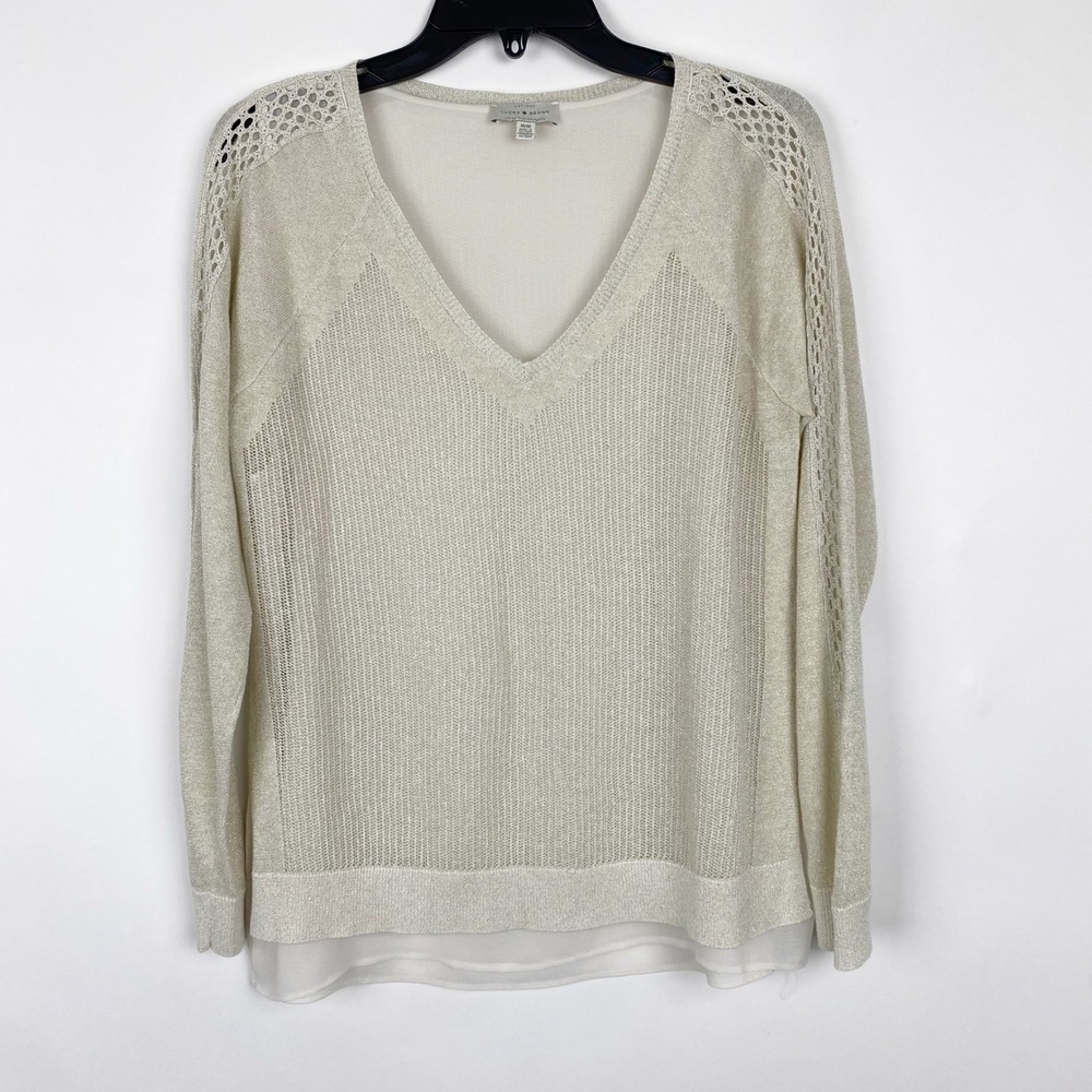 Lucky Brand Layered Metallic Crochet Linen Blend Sweater Women Medium Cream